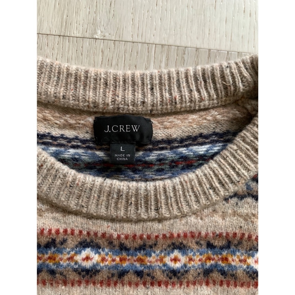 J.Crew Women Wool Blend Fair Isle Crewneck Sweater Christmas Tan size L Multi - Picture 2 of 7